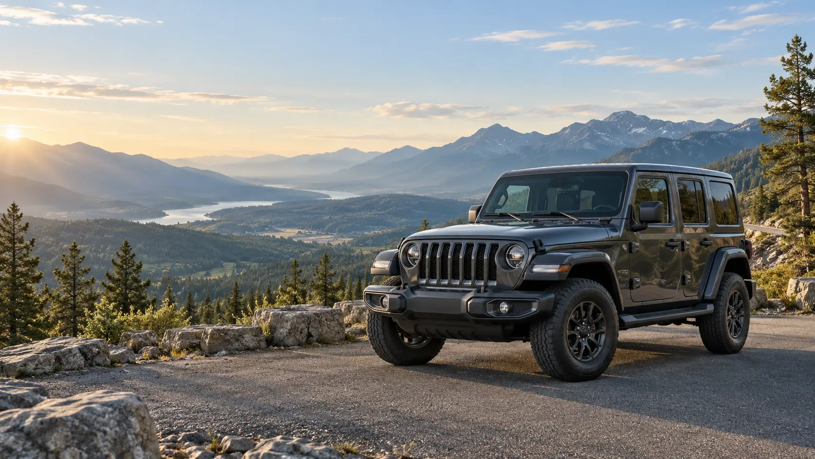 A dark four-door off-road vehicle at a peaceful mountain overlook